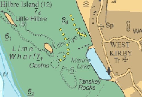 Map showing seasonal winter marks between the  Hilbre Islands, West Kirby foreshore and West Kirby Marine Lake