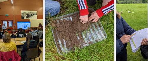 snapshots of stakeholder engagement work. A classroom, fieldwork using soil and survey work.
